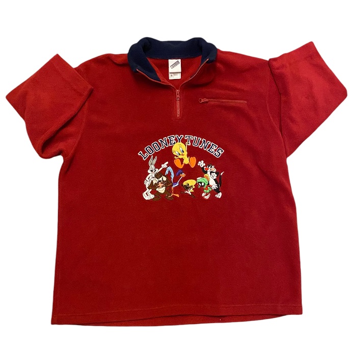 Vtg Embroidered Looney Tunes Quarter Zip Fleece Pullover Red Xl 3/4 Sleeve